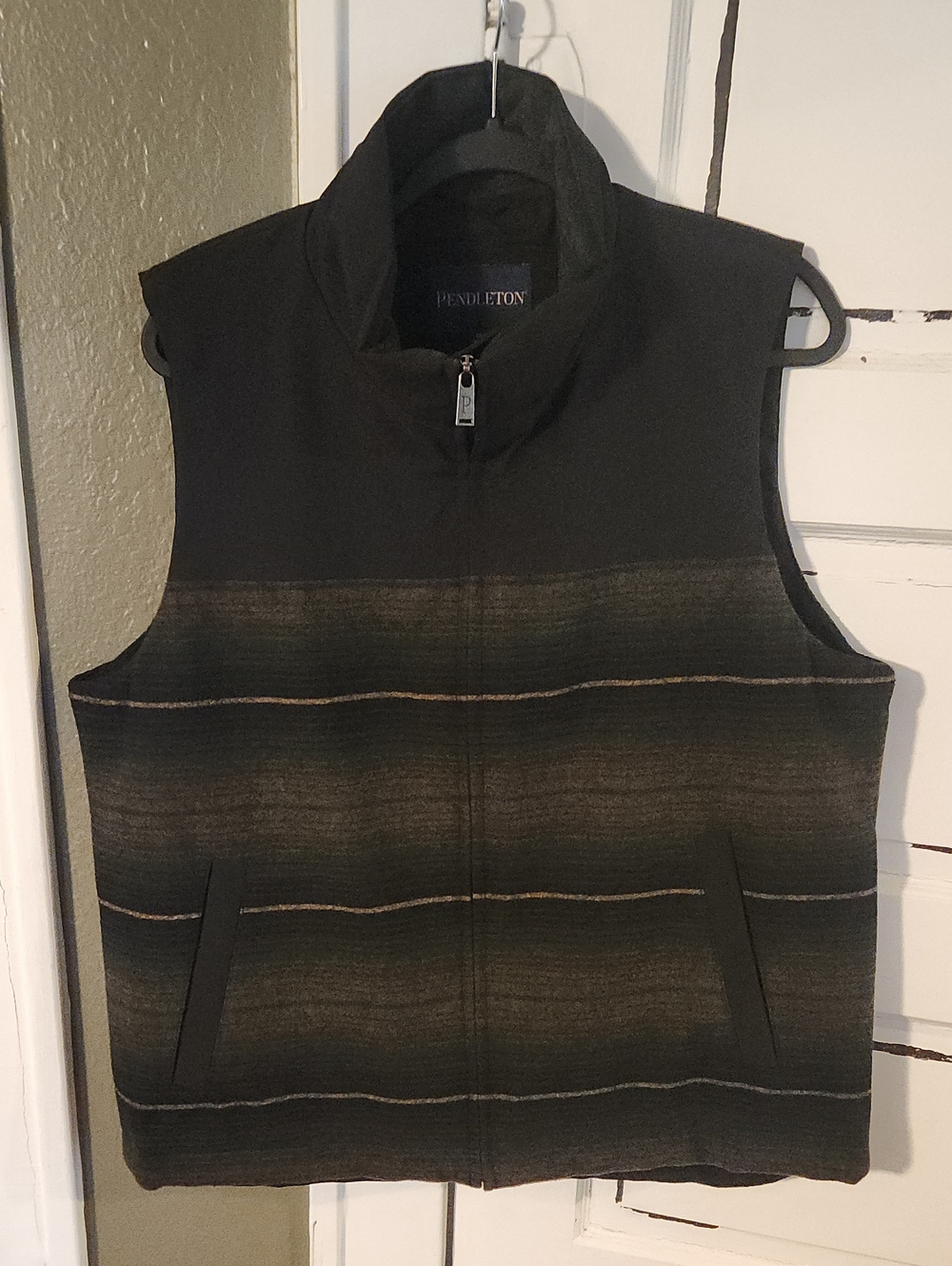 Pendleton Black and Olive Striped Wool Zip Vest